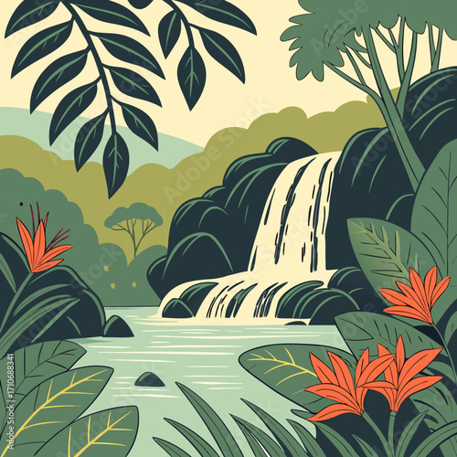 Vibrant tropical jungle scene with a cascading waterfall flowing into a serene river surrounded by lush green foliage and exotic orange flowers