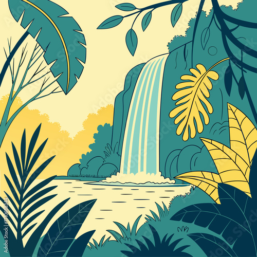 Vibrant tropical jungle waterfall scene with lush foliage and calm water in a stylized flat design