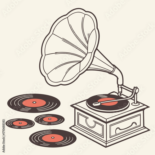 Vintage gramophone and vinyl records illustration with a retro aesthetic and a warm color palette on a cream background