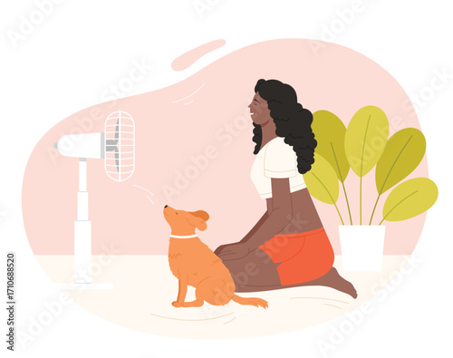Cartoon isolated hot summer scene with woman. Happy dark skin girl cooling at electric ventilator blowing, sitting at home with pet dog and relaxing vector illustration
