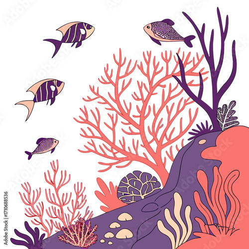 Whimsical underwater scene featuring colorful cartoon fish swimming among vibrant coral reefs and purple seaweed against a clean white background