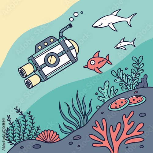 Whimsical cartoon illustration of a cute submarine exploring a vibrant underwater world with friendly fish sharks and coral reefs