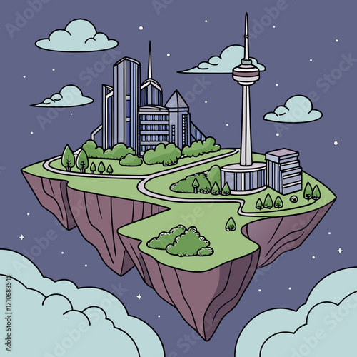 Whimsical floating island city with modern skyscrapers and a distinctive tower set against a starry night sky with clouds