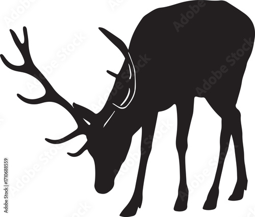 Black silhouette of a stag with antlers grazing deer