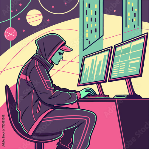 Young person in a hooded jacket and baseball cap focused on dual computer monitors displaying charts and data in a stylized futuristic city environment with abstract cosmic elements