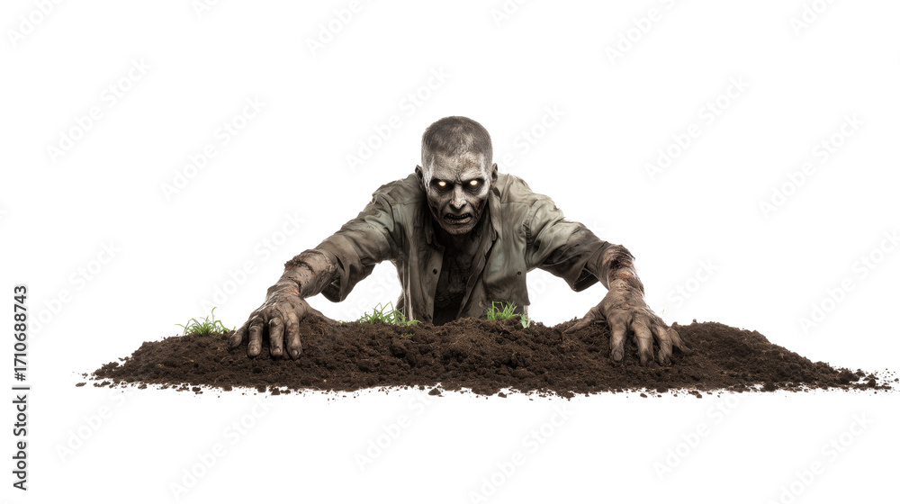 Obraz premium A creepy zombie crawling out of a grave on a white or transparent background – the concept of horror, death and Halloween