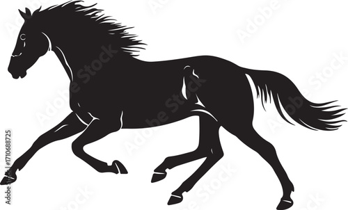 Black silhouette of a galloping horse with flowing mane and tail