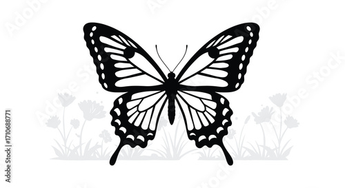 A delicate black and white butterfly illustration with floral elements below