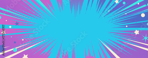 Comic pop art background. Starburst radial cartoon explosion with anime design effect and stars. Dot pattern style. Colorful background with halftone gradient. Vector illustration