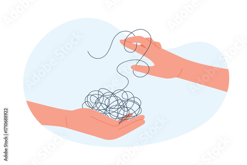 Smart solution for complicated puzzle of mess and chaos vector illustration. Cartoon two hands holding knot of tangled thread to pull and unravel string, psychology metaphor of help in mind problem