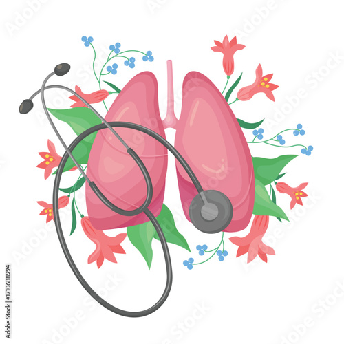 Lung health care, diagnosis and care for diseases vector illustration. Cartoon isolated human lungs with red flowers and green leaves for healthy breathing, medical stethoscope for examination