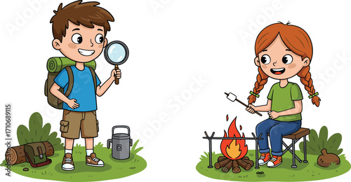 Cute kids camping outdoors, boy exploring with magnifying glass, girl roasting marshmallow on campfire, summer adventure, happy children outdoor activities