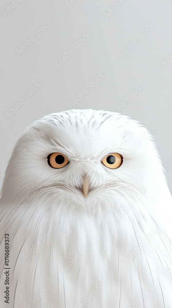 Obraz premium White Owl Close Up. Fauna with Yellow Eyes Stares Forward. Arctic Bird Posing. Bright Light on Feathers. Animal Wildlife.