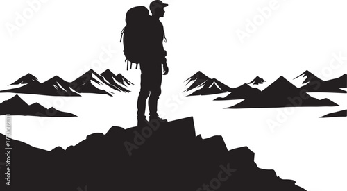 Silhouette of a hiker with a backpack on a mountain peak