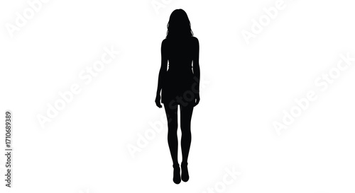 Silhouette of a woman standing alone against a plain white background