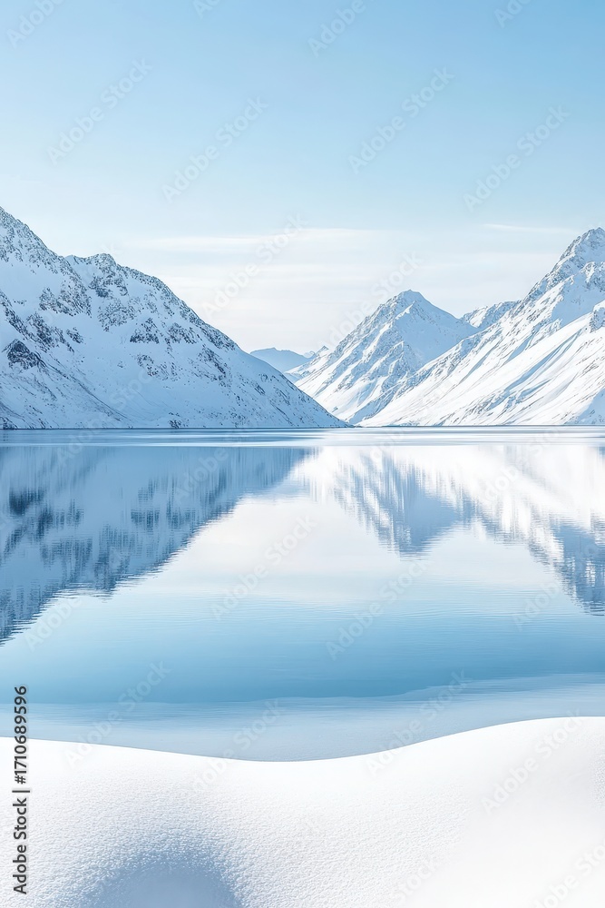 Obraz premium Snowy mountains reflect in a calm body of water. Arctic landscape with snow covered peaks in distance. A serene scene of cold environment.