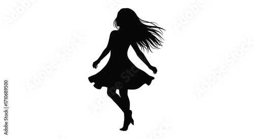 Silhouette of a woman in a flowing dress dynamically poised and elegant