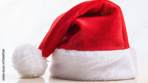Classic Santa Hat with White Pom-Pom on White Background