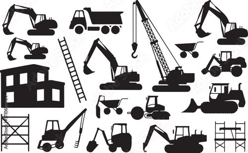 Construction Equipment Vector Set Black Silhouette on Transparent Background