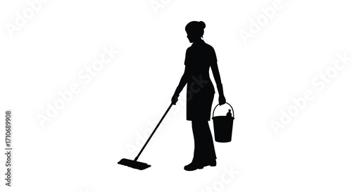 Silhouette of a cleaning woman with a mop and bucket