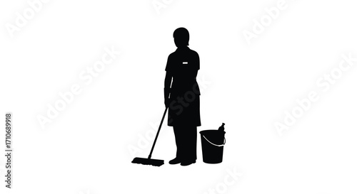 Silhouette of a cleaning lady with a mop and bucket indoors