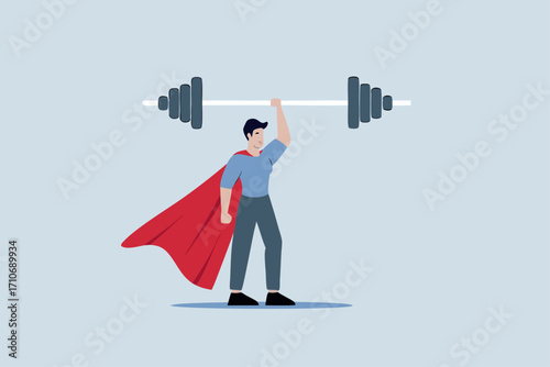 Business Strengths, strong businessman hero shows his strength by easily lifting heavy weight.