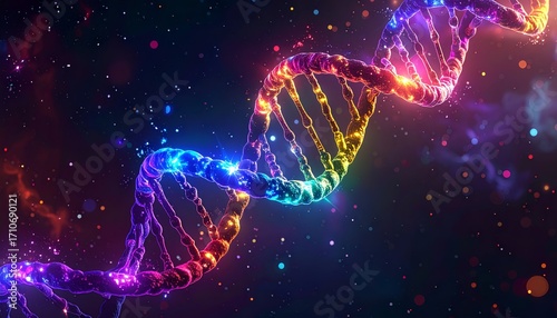 DNA Helix with Rainbow Light Spectrum Floating in Outer Space