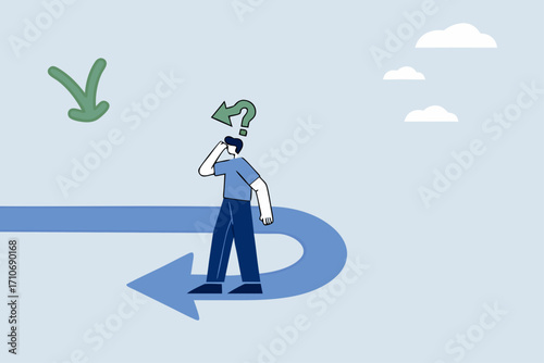 Business turning point, businessman investor looking at his reverse direction pathway