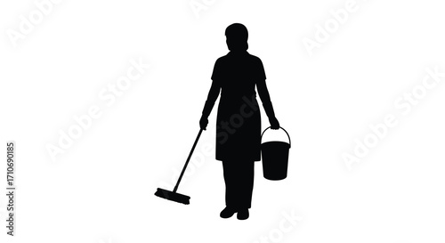Silhouette of a cleaning lady holding a bucket and mop