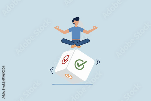Business decision, businessman meditate rolling the dice think about outcome of true, false or question mark