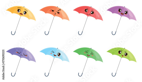 Cute umbrellas set vector illustration. Cartoon isolated funny faces of open parasol characters of different colors with various expressions, colorful baby emoji collection of autumn accessory