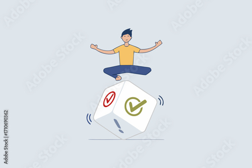 Business decision, businessman meditate rolling the dice think about outcome of true, false or question mark