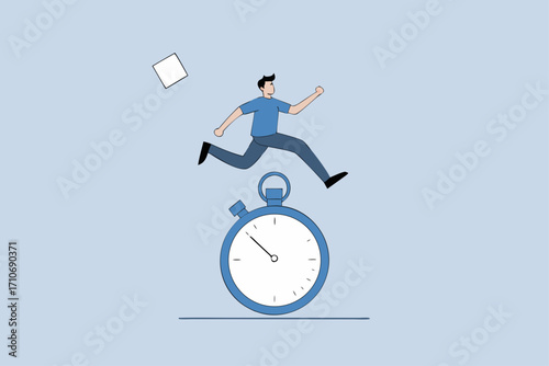 Sense of urgency, businessman running and jumping high above the countdown clock