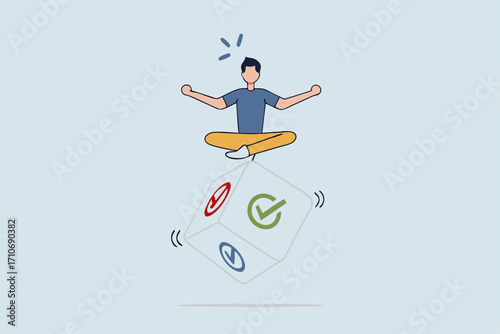 Business decision, businessman meditate rolling the dice think about outcome of true, false or question mark