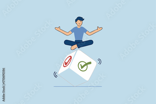 Business decision, businessman meditate rolling the dice think about outcome of true, false or question mark