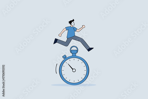 Sense of urgency, businessman running and jumping high above the countdown clock