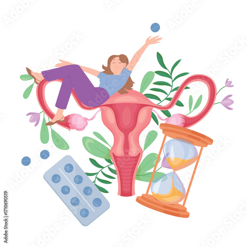 Hormonal female contraception, birth control and womens health care vector illustration. Cartoon tiny happy girl sitting on female reproductive organs with flowers, contraceptive pills in blister
