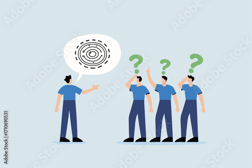 Ramble, frustrated business boss explains a confused labyrinthine speech bubble to team members