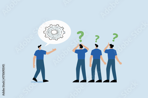 Ramble, frustrated business boss explains a confused labyrinthine speech bubble to team members