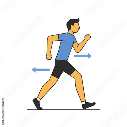 A minimalist graphic shows a man in athletic wear performing a brisk walk or jog, emphasizing concepts of physical wellness and continuous motion.