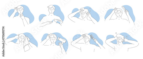 Hair care for man, line icons set vector illustration. Outline characters protect and massage scalp with cosmetic treatment, wash hair with shampoo and conditioner in shower, comb and blow dry