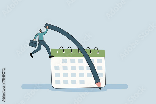 Flexible work schedule, businessman using pencil pole vault jumping over calendar