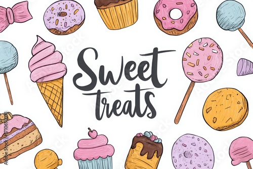 Colorful assortment of sweet treats including donuts, ice cream, and candy on a white background