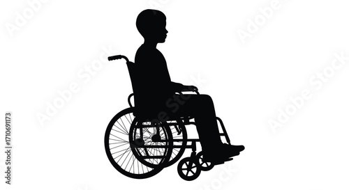 Silhouette of a young person in a wheelchair side view isolated