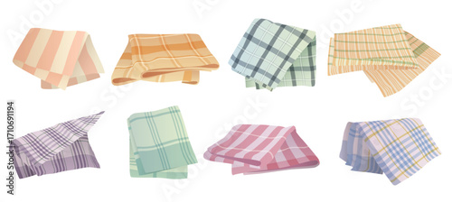 Kitchen napkins and towels set vector illustration. Cartoon isolated picnic tablecloth and blanket for bed or table, checkered linen handkerchief and folded soft cotton cloth with gingham pattern
