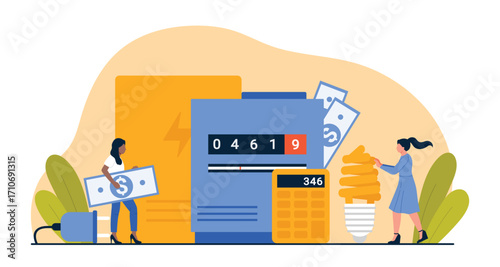 Payment of bills for electricity vector illustration. Cartoon tiny people hold energy saving light bulb and money to pay for consumption by meter, count monthly payment from budget on calculator