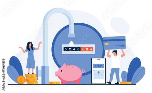 Payment of bills for water vector illustration. Cartoon tiny family people hold credit card to pay for consumption by water meter readings, save nature resources and financial savings from budget