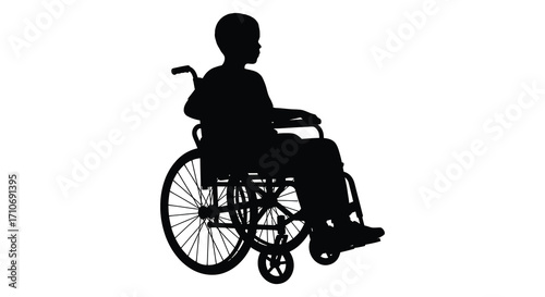Silhouette of a young person seated in a wheelchair isolated on white