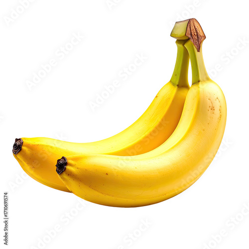Two ripe bananas, slightly curved, stacked.  Bright yellow skins with brown spots.  Dark background