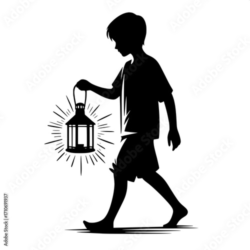 Boy with Lantern Black and White Vector